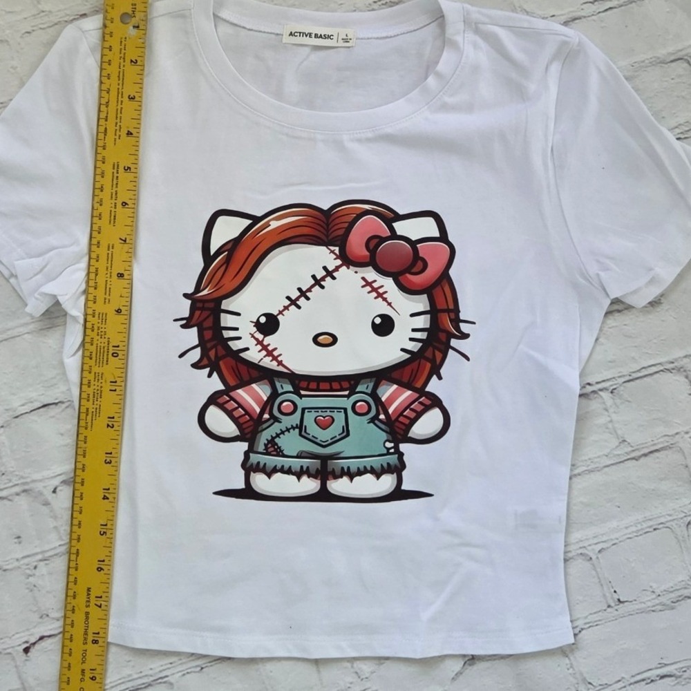 Active Basic Hello Kitty Chucky Graphic Crop Top White Halloween Mod Shirt L